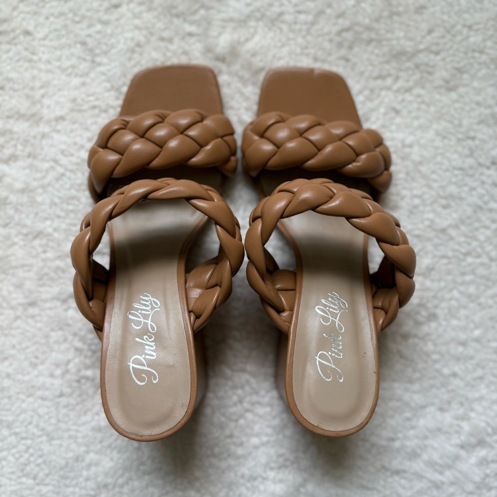 Pink Lily Andi Camel Braided Double Strap Block Heel Size 6
